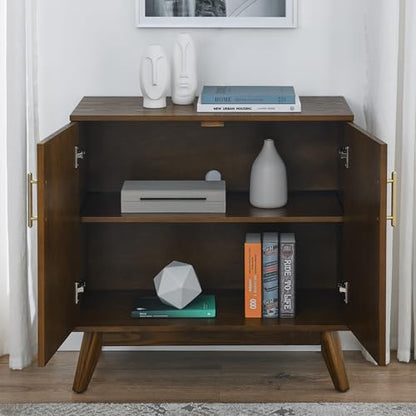 Small Sideboard Buffet,Mid Century Modern Storage Cabinet with Doors | Real Wood Veneer Credenza Storage Cabinet,Living Room Accent Cabinet,Small Walnut Sideboard Buffet,Boho Bar Cabinet - color: Walnut