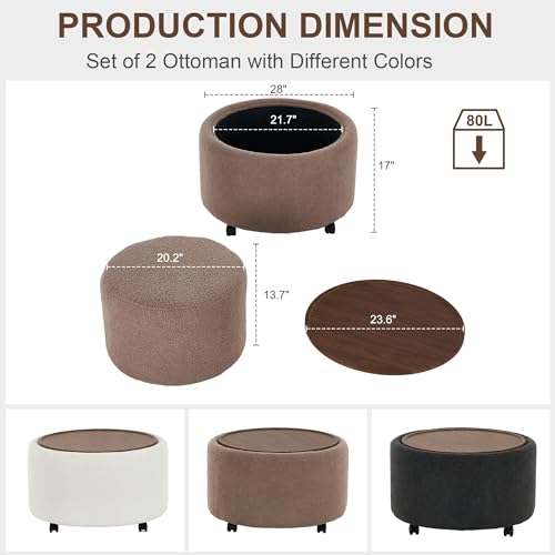 28 Inch Round Storage Ottoman with Wheels Set of 2, Multifunctional Coffee Table Ottoman with Removable Solid Wood Lid, Modern Circle Ottoman Foot Rest for Living Room, Bedroom, Brown - color: Brown