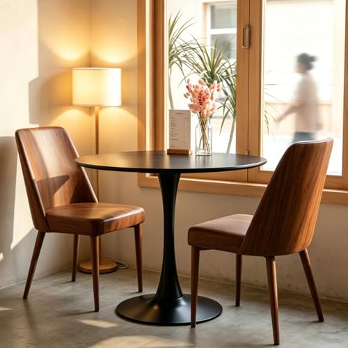 Round Dining Table, 27.6" Circle Tulip Table with Thickened Tabletop & Metal Pedestal, Mid Century Modern Bistro Table for Kitchen, Small Places, Living Room, Cafe (Black) - color: Black, size: 27.6"