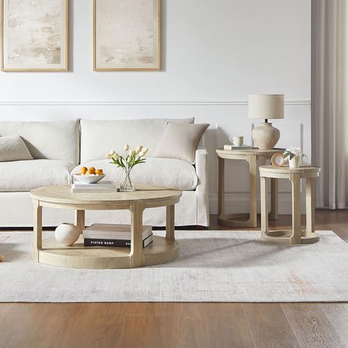 Round Nesting Coffee Table Set of 3, Mid Century Rustic Farmhouse Solid Wood Coffee Tables Center Table for Living Room Apartment, ø40 + ø24 + ø17.56 (Oak) - color: 40"+24"+17.56" Oak