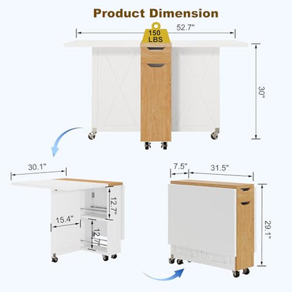 Folding Dining Table for 2-6, Easy Assembly, White+Oak | 52.7" Folding Dining Table with 6 Wheels, Drop Leaf Table with Drawers, Shelves and Wine Rack for Small Spaces - color: White