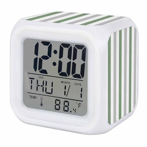 Digital Alarm Clocks for Bedroom,Modern Minimalist Striped Art Cube Alarm Clock with Snooze and Nightlight Sage Green Gray Stripe Silent Office Desk Clock Time/Date/Temperature Display - color: Green Gray