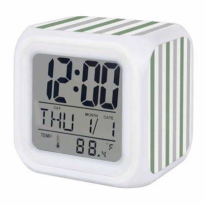 Digital Alarm Clocks for Bedroom,Modern Minimalist Striped Art Cube Alarm Clock with Snooze and Nightlight Sage Green Gray Stripe Silent Office Desk Clock Time/Date/Temperature Display - color: Green Gray