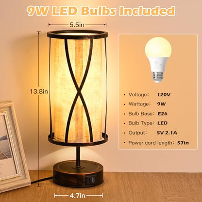 Distressed Table Lamps for Living Room, 3 Way Dimmable Touch Lamps, Small Bedside Lamps with LED Bulbs, USB Ports C+A, Nightstand Lamp for Kids Room, Bedroom, Office (1 Pack Iron) - size: 1 Pack Iron
