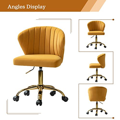 TINA'S HOME Office Desk Chairs with Wheels & Gold Base, Modern Velvet Cute Armless Office Chair, Adjustable Low Back Swivel Rolling Chair, Upholstered Task Chair for Living Room Vanity Study-Mustard | Modern Velvet Cute Armless Office Chair, Adjustable Lo
