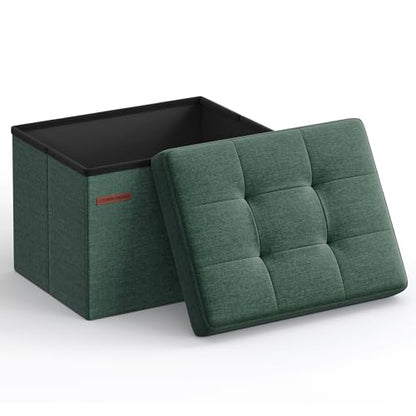 SONGMICS Mazie Collection - Small Folding Storage Ottoman, Foot Rest Stool, 12.2 x 16.1 x 12.2 Inches, 286 lb Load Capacity, for Living Room, Bedroom, Home Office, Dorm, Retro Green ULSF102C01 | Foot Rest Stool, 286.6 lb Load Capacity, Forest Green, MINOT