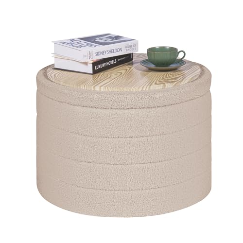 PINPLUS Round Ottoman with Stroage, Boucle Storage, Foot Stool Foldable Coffee Table Ottoman for Living Room, Bedroom, Dorm (Beige) - color: Beige, size: 22"D x 22"W x 15.7"H