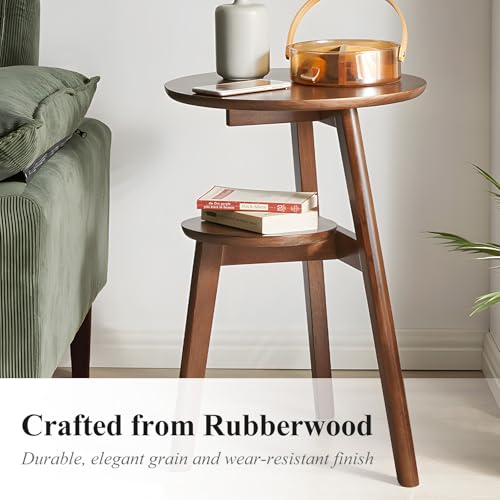 Side Table, 2-Tier Round End Tables Living Room, Mid Century Modern Side Table, Round Nightstand, Oak Accent Table, Small Round Coffee Table, 16.54" Dia.x 23.62" H(Walnut) - color: Walnut