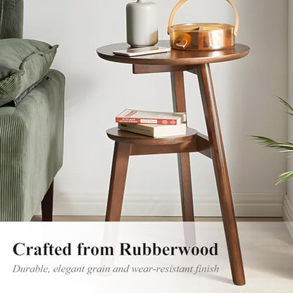 Side Table, 2-Tier Round End Tables Living Room, Mid Century Modern Side Table, Round Nightstand, Oak Accent Table, Small Round Coffee Table, 16.54" Dia.x 23.62" H(Walnut) - color: Walnut