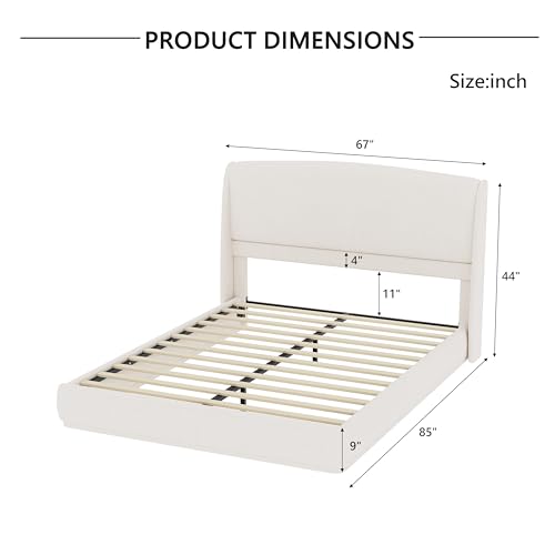 RuiSiSi Queen Size Upholstered Bed with Wingback Headboard, Low Profile Linen Fabric Platform Bed Frame, Strong Wood Slats, No Box Spring Needed, Easy Assembly, Beige - color: Beige