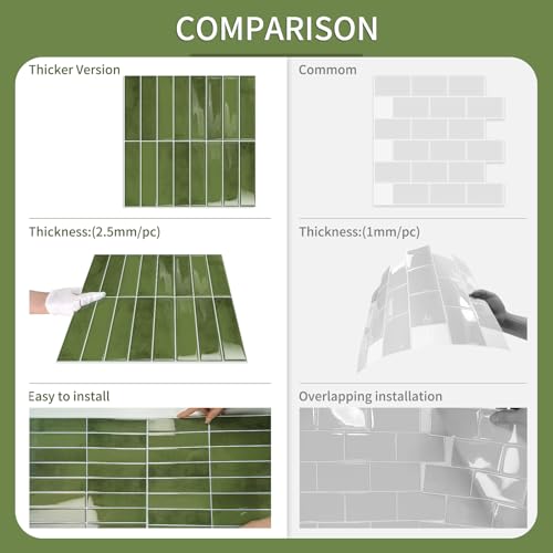 10 Sheets Upgraded Thicker Design Subway Tile Peel and Stick Backsplash | 12”×12”Self Adhesive Wall Tiles Stick on Back Splash for Kitchen,Bathroom,Camper(Green) - color: Green