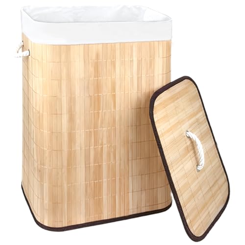 21 Gallon Bamboo Slim Trash Can with Lid,Slim Laundry Hamper,Removable and Machine Washable Liner,Foldable Slim Rectangular Laundry Basket for Laundry Room,Bedroom,Salon Spa