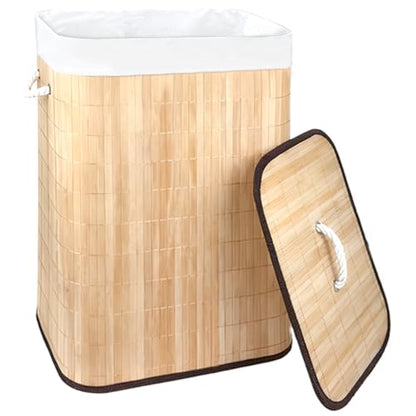21 Gallon Bamboo Slim Trash Can with Lid,Slim Laundry Hamper,Removable and Machine Washable Liner,Foldable Slim Rectangular Laundry Basket for Laundry Room,Bedroom,Salon Spa