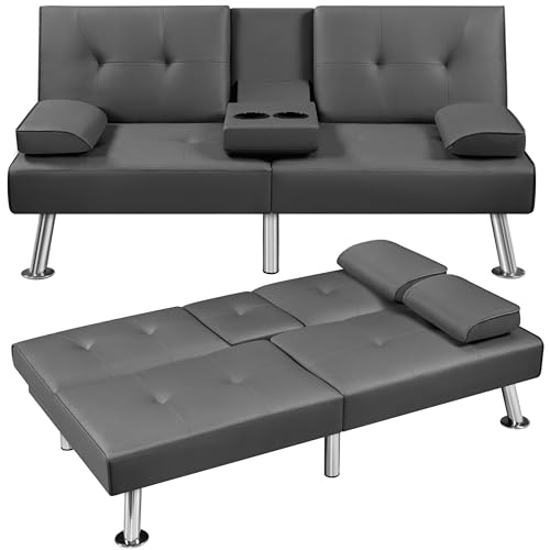 Yaheetech Convertible Futon Sofa Bed Loveseat with Cup Holder, Gray | 3 Angles Sofa, Recliner Chair, Bed, Compact Faux Leather Love Seat for Living Room, Guest Room, Dorm, Small Apartment - color: Grey