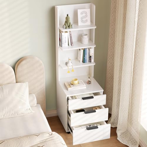 Tall Nightstand with Drawers & Open Shelves, 51.18" Bedside Storage Cabinet, Modern Free-Standing Bedroom End Table with Bookcase, Space-Saving, Easy Assembly, White