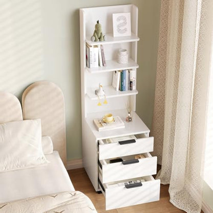 Tall Nightstand with Drawers & Open Shelves, 51.18" Bedside Storage Cabinet, Modern Free-Standing Bedroom End Table with Bookcase, Space-Saving, Easy Assembly, White