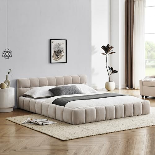 Queen Size Upholstered Cloud Bed Frame, Low Profile Platform Bed with Soft Chenille Headboard, Modern Floor Bed with Wooden Slats