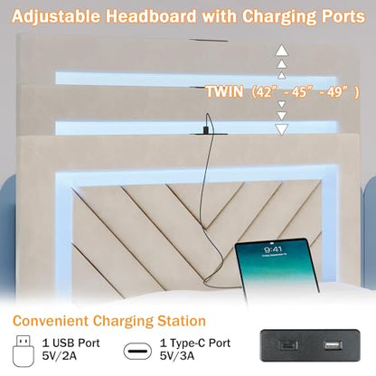 Twin Size Bed Frame with Adjustable Headboard and Storage Drawer, Upholstered Bed Frame Twin with RGB LED Lights and Charging Station, Easy Assembly, No Box Spring Needed, Off White - color: Off White, size: Twin