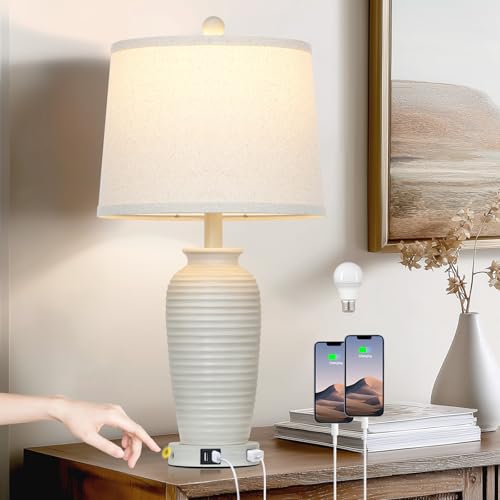 CINSARY 25" Vintage Farmhouse Jar Table Lamps, Single Rustic Bedside Lamp with USB A+C Ports & AC Outlet, Nightstand Lamps for Living Room, Bedroom, End Table, Cream(LED Bulb Included) - color: Cream-1Pack