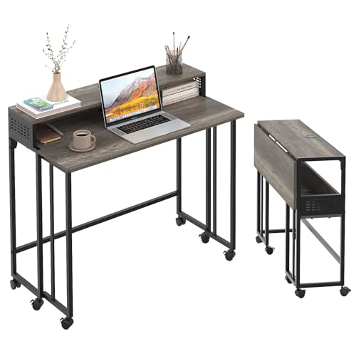 Gezen 31.5" Folding Desk with Storage Shelf, Small Rolling Desk, Dark Grey | Mobile Sofa Side Table for Home Office Small Space, with Lockable Wheels, Double Cable Management Hole, Portable - color: Dark Grey, size: 31 inches