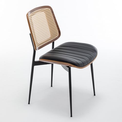 LUNLING Dining Chairs Set of 2 Mid Century Modern Retro Faux Leather Kitchen Chairs with Walnut Bentwood Upholstered Seat Metal Legs Adjustable Foot for Kitchen Dining Room Chairs(Black-Rattan Back) - color: Black2, size: Set of 2