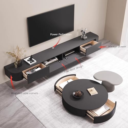70 inch Floating TV Stand Wall Mounted TV Cabinet Floating Shelves with Door Entertainment Media Console Solid Wood Modern Living Room Round Corner TV Stand (Black, 180CM) - color: Black, size: 180CM