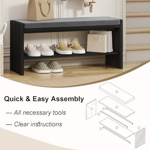 40" Entryway Shoe Bench with Storage & Cushion, Modern Fluted Shoe Rack for Mudroom, Sturdy Wooden Hallway Bench with 360 lbs Capacity, Black Oak - color: Black Oak