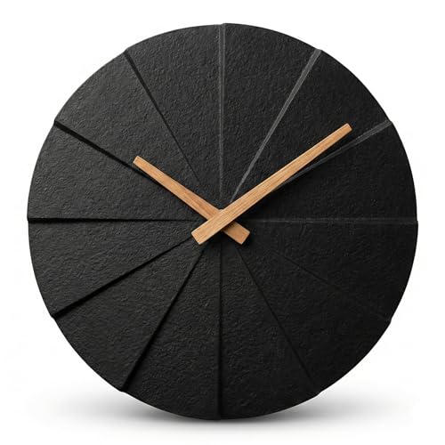Driini Staircase Modern Wall Clock - Unique Frameless Concrete Design - Contemporary, Minimalist Decor; No Numbers - Silent Battery Operated Clocks with Decorative Wooden Hands (Black + Oak, 10.5″) - color: Black + Oak, size: 10.5″