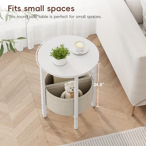 Side Table, Small Round End Table, Tall Accent Table with Storage Basket, Set of 2 Half Round Coffee Tables Half Moon Tables, Bedside Table, Modern Nightstand for Living Room Bedroom, White - color: White