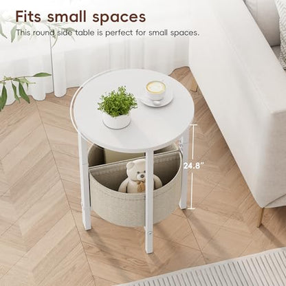 Side Table, Small Round End Table, Tall Accent Table with Storage Basket, Set of 2 Half Round Coffee Tables Half Moon Tables, Bedside Table, Modern Nightstand for Living Room Bedroom, White - color: White