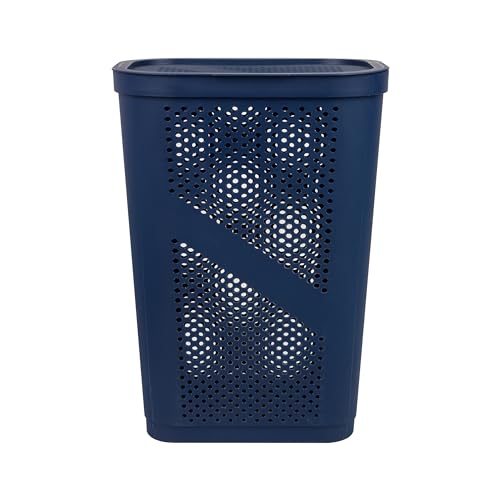 Mind Reader Slim Laundry Hamper with Lid, 60L Clothes Basket, Ventilated Plastic, Navy - color: Navy, size: Single