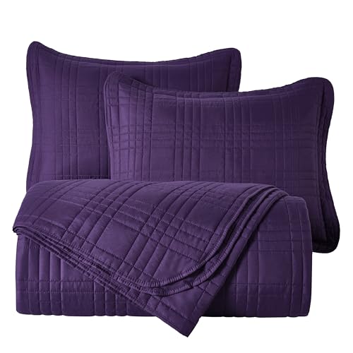 Chezmoi Collection Kingston Queen Size Bedspread Set, 3-Piece Dark Purple Oversized Quilted Microfiber Lightweight Bedspread Coverlet (100"x106") for All Seasons - color: Dark Purple, size: Queen