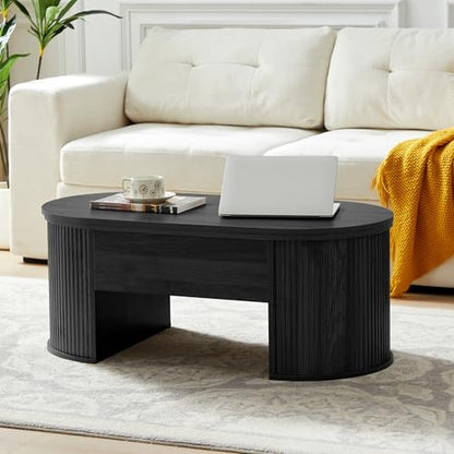 QHITTY Fluted Coffee Table with Lifting Top, Oval Wood Lift Top Coffee Table with Hidden Compartment, Mid Century Pull up Center Tables for Living Room, Office - Black - color: Round Table-black