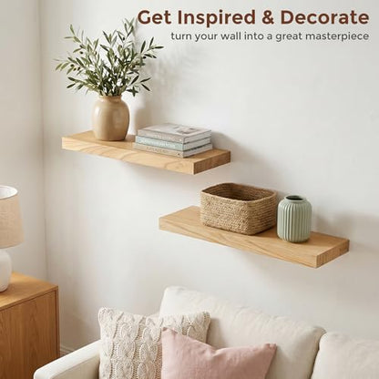 fuqing 20 Inch Floating Shelves 6.7'' Deep Natural Wood Shelves Set of 2 | 20'' x 6.7'' x 1.4'' Natural Wood Shelves for Bathroom Living Room, 35LBS, Lightweight, Hardware Included, Waterproof Finish - color: Natural, size: 20 Inch