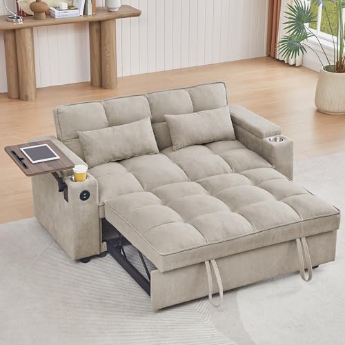65" Cloud Couch Sleeper Sofa Bed with USB Charging Port & Side Pocket, Chenille Fabric Pull-Out Sofa with Thick Cushions, High Resilience Foam & Pillows for Living Room, Apartment, Small Spaces - color: C-brown