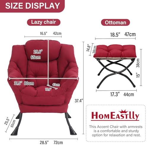 Lazy Chair with Ottoman, Soft Comfy Chair for Bedroom, Burgundy | Reading Accent Lounge Chair with folding Foot Stool for Living Room Dorm Apartment, sturdy metal frame - color: Burgundy