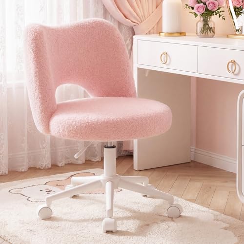 DurayLoly Vanity Chair with Open Back & Wheels,Armless,Pink | Armless,Silent Wheels, Height Adjustable, Soft Teddy Fabric, 360° Swivel for Bedroom Vanity & Home Office, Candy Pink - color: Candy Pink