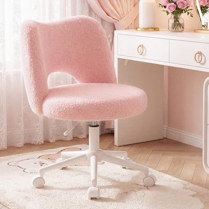 DurayLoly Vanity Chair with Open Back & Wheels,Armless,Pink | Armless,Silent Wheels, Height Adjustable, Soft Teddy Fabric, 360° Swivel for Bedroom Vanity & Home Office, Candy Pink - color: Candy Pink
