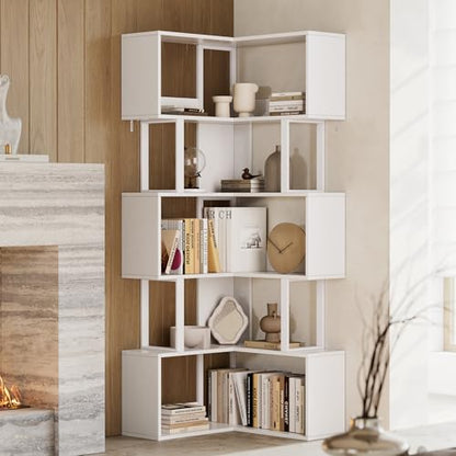 Garvee Corner Bookshelf, 62.6" Tall Metal Wooden Bookcase, Modern Freestanding Corner Shelf with Baffle, 5-Tier L-Shaped Display Rack Storage Organizer for Home Office, Living Room | Modern Freestanding Corner Shelf with Baffle, 5-Tier L-Shaped Display Ra