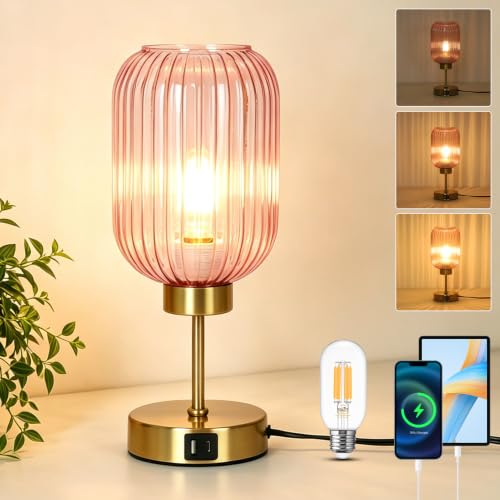 LAMSU Vintage Pink Table Lamp Touch Control, Small Glass Desk Lamp with Bulb, Charging Port, Mid Century Modern Bedside Lamp, 3 Way Dimmable Nightstand Lamp for Bedroom Living Room Home Decor - color: Pink