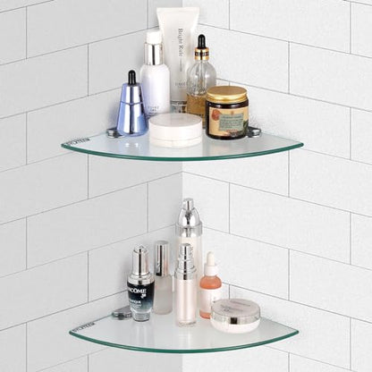 Glass Corner Shower Shelves, Tempered Floating Glass Shelves Wall Mount, Shower Caddy Organizer, Bathroom Corner Shelf with Zinc Alloy Brackets for Bathroom, Kitchen, Living Room, 9.8" x 9.8", 2 Pack - size: 2 PACK Without Rail