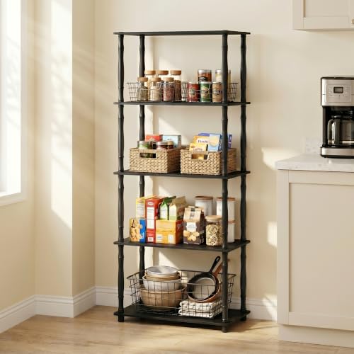 Furinno Turn-N-Tube 5-Tier Multipurpose Shelf / Display Rack / Storage Shelf / Bookshelf, Classic Tubes, Americano/Black | Open Shelves Corner Bookshelf, Display Storage Shelves, Classic Tubes, for Organization, Living Room, Home Office - color: Americano