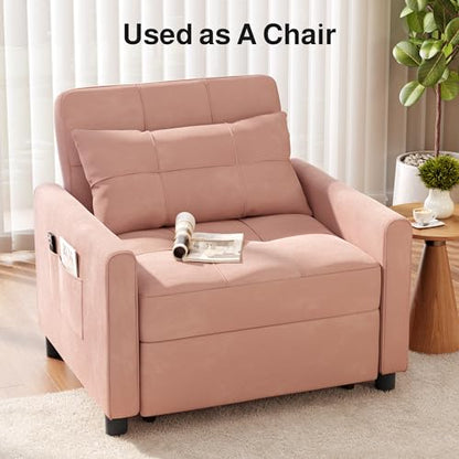 Convertible Sleeper Chair Sofa Bed, 3-in-1 Pull Out Sofa Chair, Pink | 3 in 1 Chair Bed, Adjustable Backrest, Storage Pocket, Compact Fit for Living Rooms, Apartments, Guest rooms - color: Pink Premium Velvet