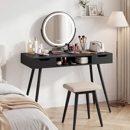 GIANTEX Mid Century Modern Computer Desk with Drawers, 42.5" Writing Desk with Open Storage Cubby, Vanity Table with Metal Leg, Compact Wooden Study Table for Small Spaces Home Office (Black) - color: Black