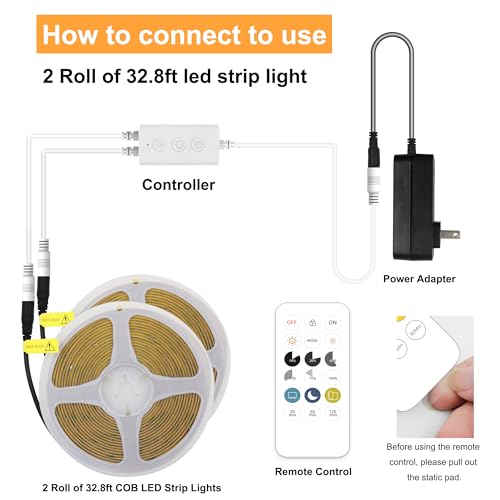 AXMOTUT 65.6ft COB LED Strip Light Warm White, High Bright LED Strips with 320LEDs, RF Remote and UL Power Supply, 3000K Dimmable LED Lights for Bedroom,Kitchen, DIY Home Decoration, 2 Rolls of 32.8ft - size: 3000K/65.6ft
