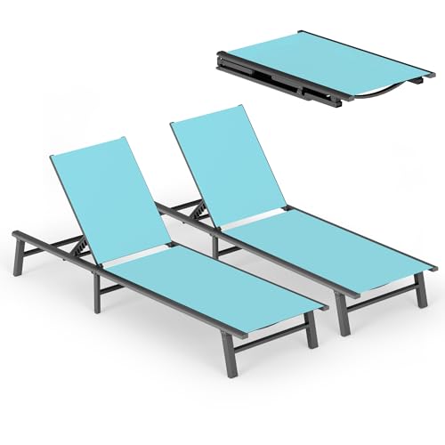 Aluminum Outdoor Lounge Chairs Set of 2- No Assembly Needed, Foldable Patio Chaise Lounge with 5 Adjustable Positions, Reinforced Frame for Extra Durability, Pool Beach Lounge Chairs, Lake Blue - color: Lake Blue-upgraded, size: 2 Packs