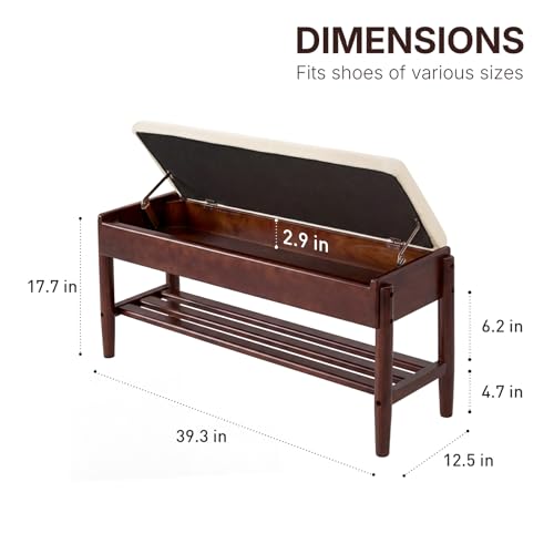 YEPDIN 39.3" Solid Wood Shoe Rack Bench with Flip-Top Storage,2 Tier Shoe Rack Bench with Chenille Cushion,for Entryway, Hallway,Living Room, Bedroom, Closet - color: Walnut