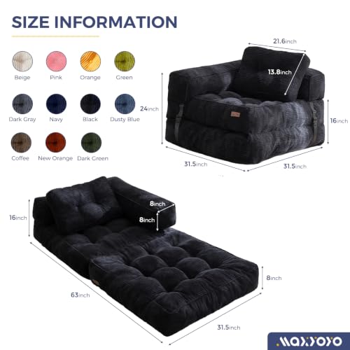 MAXYOYO Folding Sofa Bed, Convertible Chair Bed with Pillow | L-Shaped Floor Sofa with Armrest and Pillow, Foldable Portable Fold Out Comfy Chair Bed for Living Room Bedroom, Black - color: Black