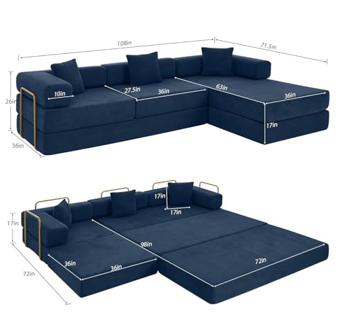 HANXIN 108 Inch Convertible Sleeper Sofa Bed, Folding Floor Mattress Couch with Fixed-Shape Frame, Futon Boneless Couch Lounge Loveseat with Pull Out Bed, No Assembly Required (Blue) - color: Blue, size: 108" L-Shaped Sofa Bed