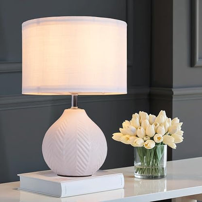 SOTTAE 12'' White Ceramic Table Lamp, Leaf Patterned Ceramic Desk Lamp Small Bedside Lamp with Linen Shade, Mid Century Modern Nightstand Lamp for Bedroom Living Room Reading Room